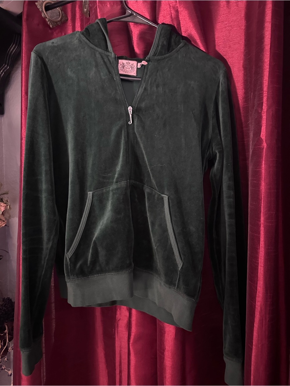 Juicy Couture Dark Green Velvet Half-Zip Bomber Hoodie